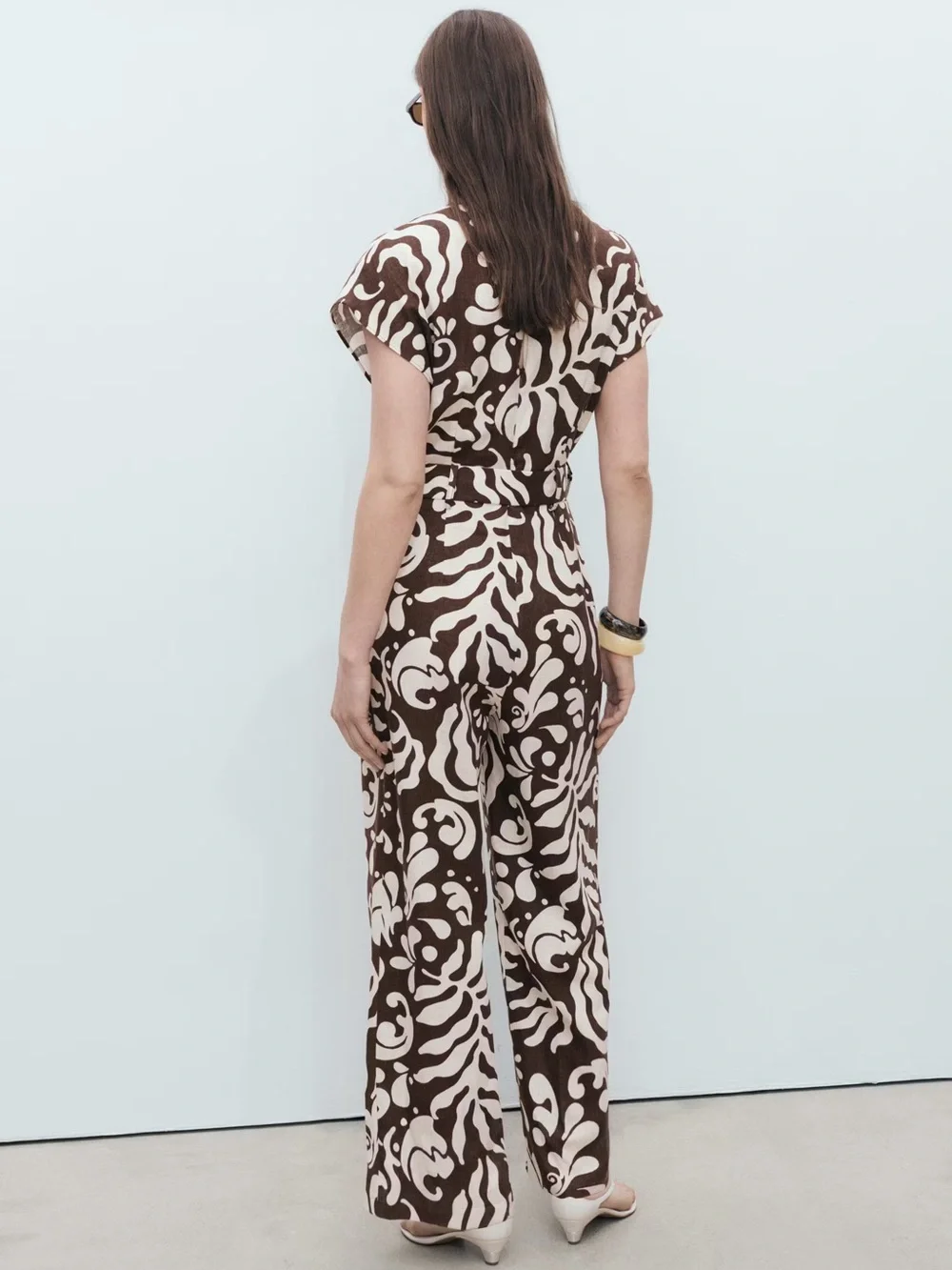 Mango Brown printed linen jumpsuit with belt NWT